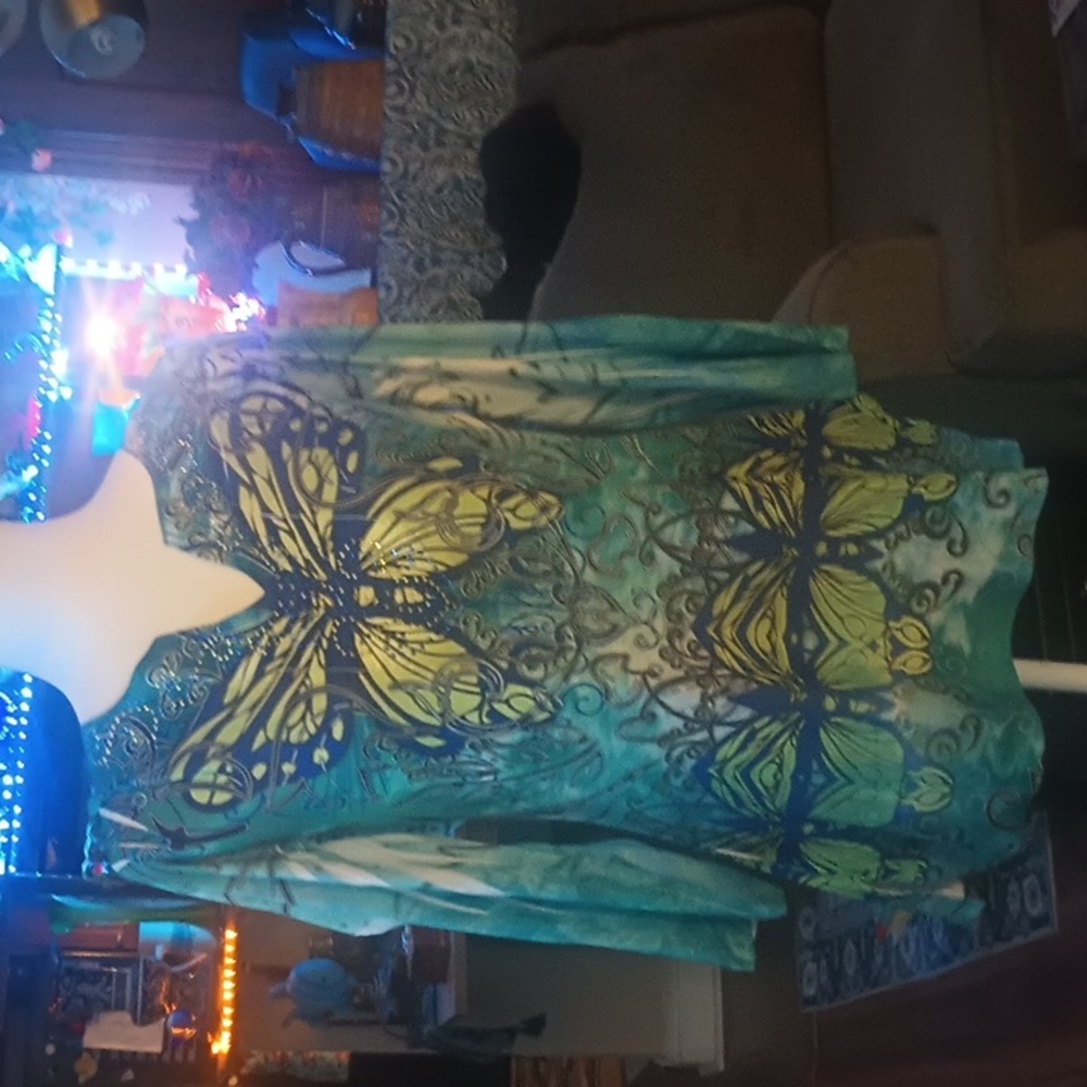 JM Collection Blue and Green Butterfly Tunic